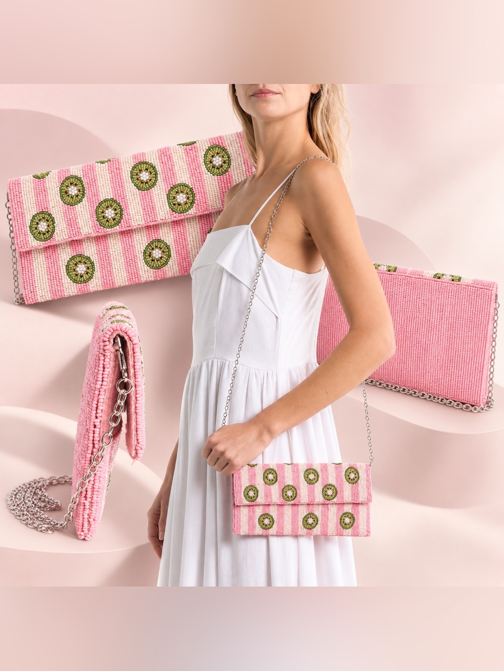 Sol and Mer Beaded Kiwi Striped Clutch Crossbody Bag NWT